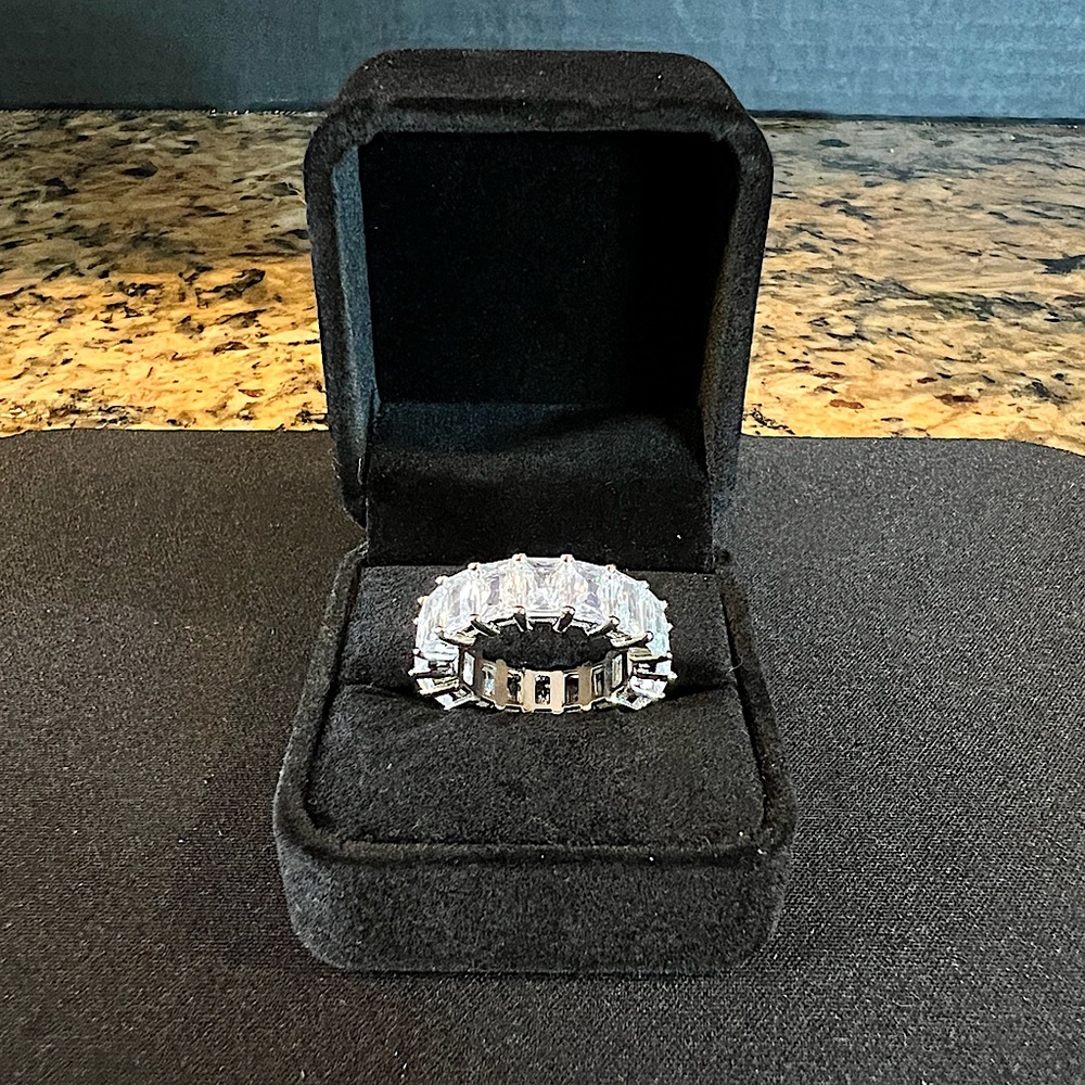 Emerald Cut Simulated Diamond Eternity Wedding Band / Stainless Steel: Sizes 6-8